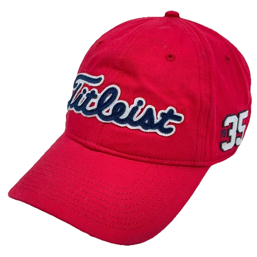 Titleist Hat Cap Red‎ Blue Leather Strap Back Gold Dad Baseball Spell Out Script